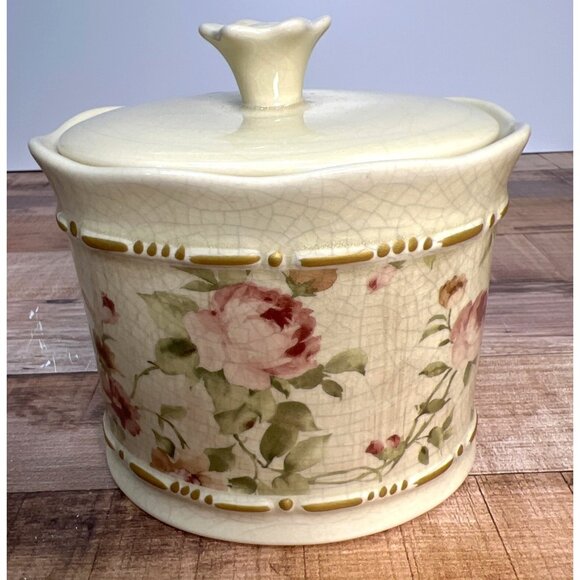 Croscill Home Porcelain Floral Canister With Lid Crackle Glaze 6" Tall Rose Patt - Picture 3 of 6
